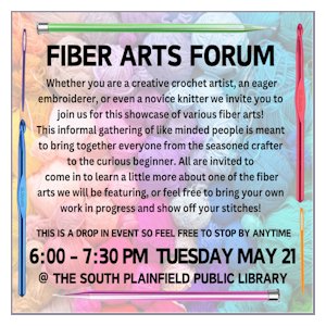 image tile FIBER ARTS FORUM, Tuesday, May 21 at 6:00 PM, registration is not required.