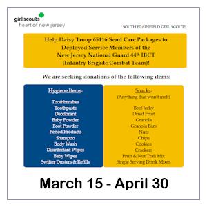 image tile GIRL SCOUTS HYGIENE & SNACK COLLECTION for deployed service members; drive runs March 15 - April 30