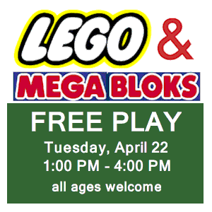 image tile LEGO & MEGA BLOK TIME (all ages) - Tuesday, April 22 from 1:00 - 4:00 PM, registration is not required.