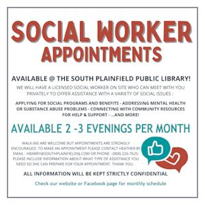 image tile SOCIAL WORKER APPOINTMENTS AVAILABLE AT THE LIBRARY; click here for schedule