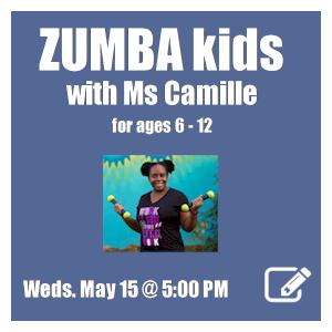 image tile ZUMBA KIDS (ages 6 - 12) - Saturday, May 11 at 1:00 PM and Wednesday, May 15 at 5:00 PM, click here to register